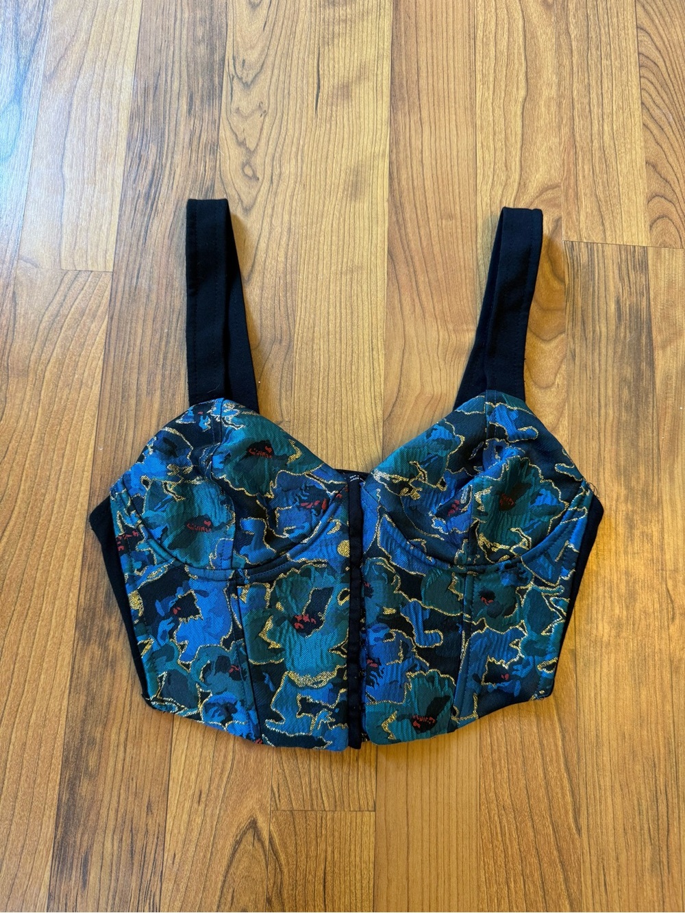 Zara Black Crop Top Corset with Teal and Gold Accent Eyelet Front Closure